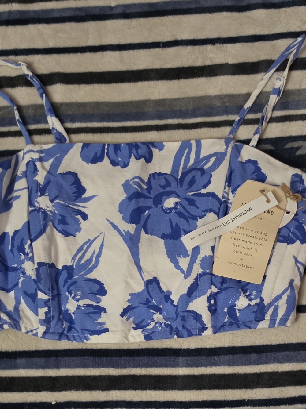 Blue Floral Square-Neck Crop Top with Spaghetti Straps